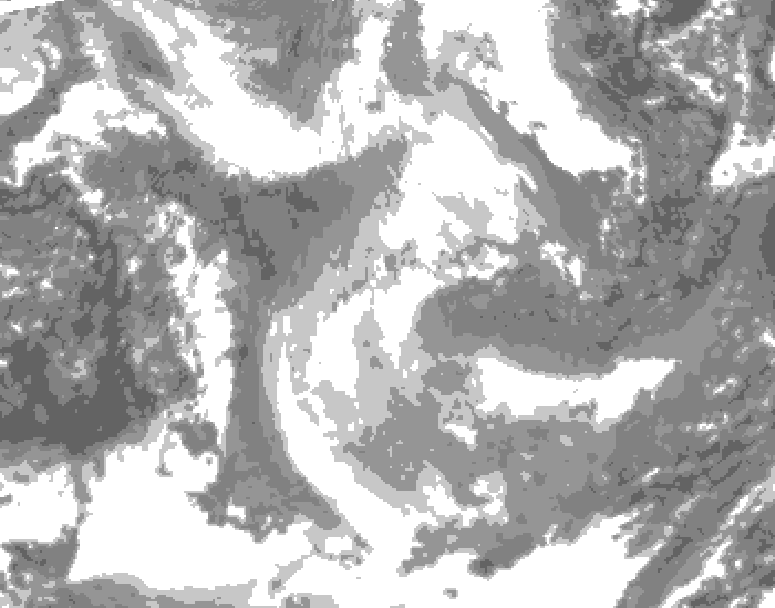 GDPS total cloud 102 hour forecast chart for Canada based on 2026/01/25 0000Z data