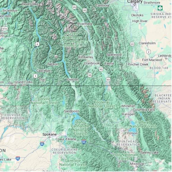 basemap 480 by 480 kilometres with centre at 49.0N 116.0W