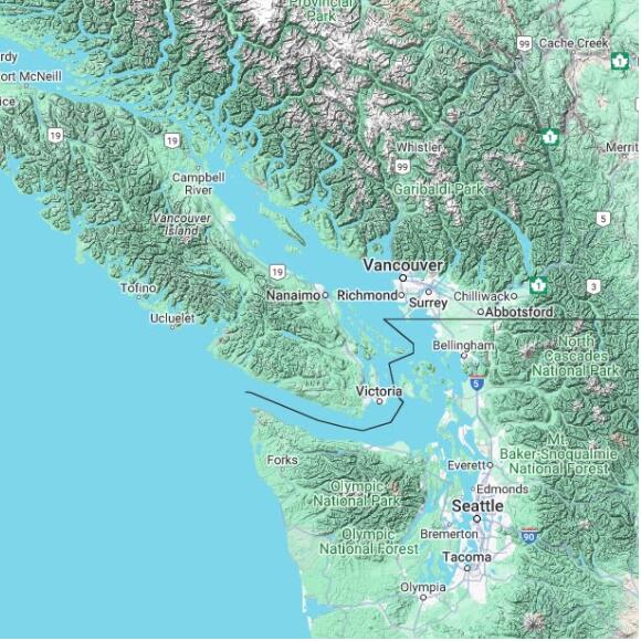 basemap 480 by 480 kilometres with centre at 49.0N 124.0W