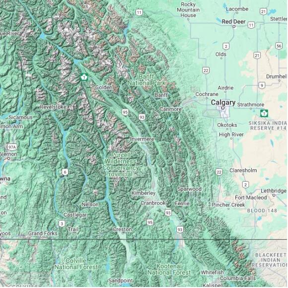 basemap 480 by 480 kilometres with centre at 50.5N 116.0W