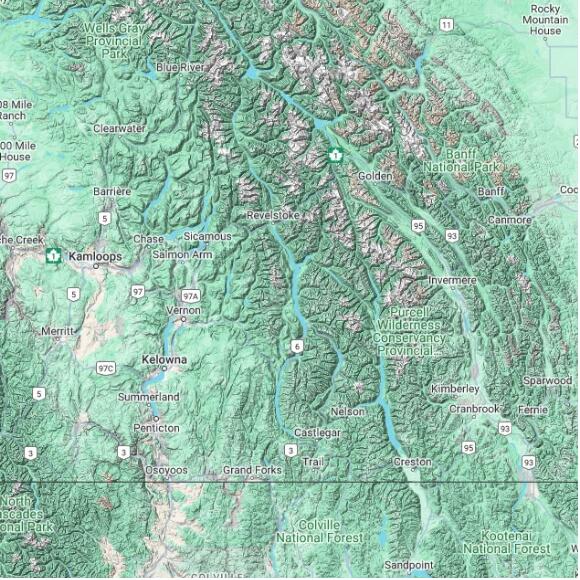 basemap 480 by 480 kilometres with centre at 50.5N 118.0W