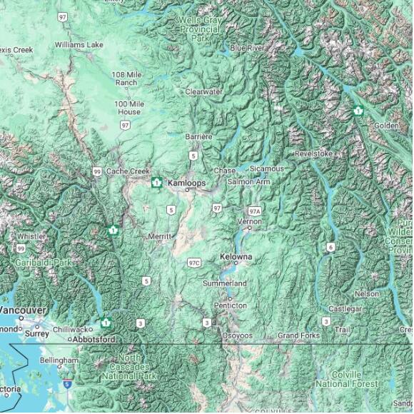 basemap 480 by 480 kilometres with centre at 50.5N 120.0W