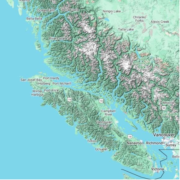 basemap 480 by 480 kilometres with centre at 50.5N 126.0W