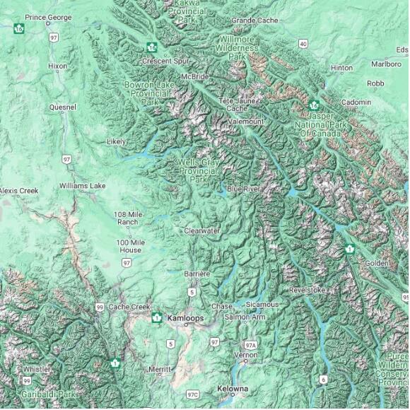 basemap 480 by 480 kilometres with centre at 52.0N 120.0W