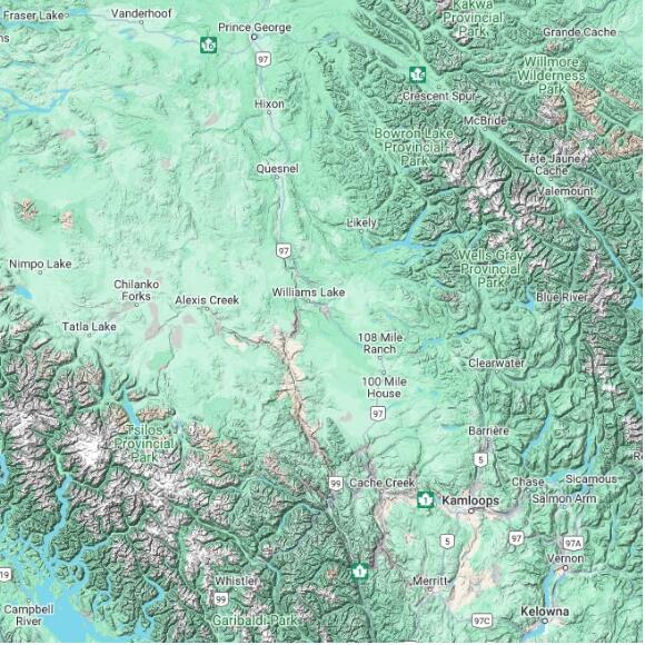 basemap 480 by 480 kilometres with centre at 52.0N 122.0W