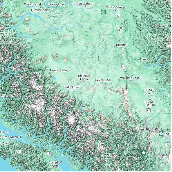 basemap 480 by 480 kilometres with centre at 52.0N 124.0W