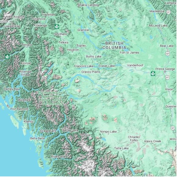basemap 480 by 480 kilometres with centre at 53.5N 126.0W