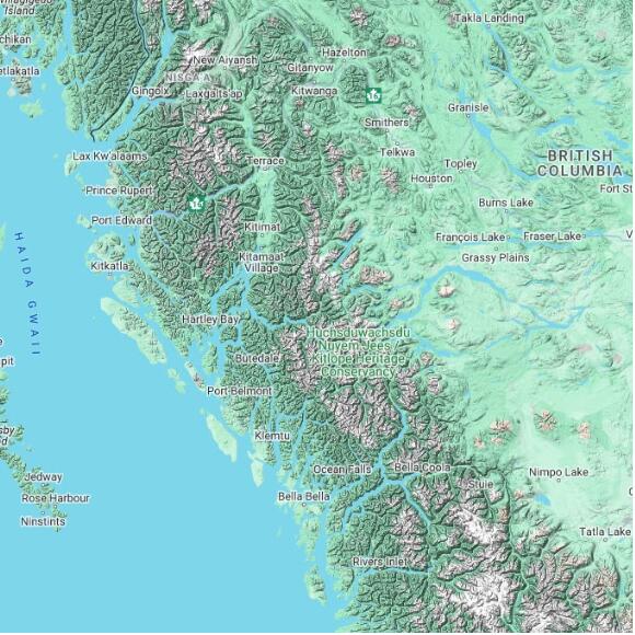 basemap 480 by 480 kilometres with centre at 53.5N 128.0W