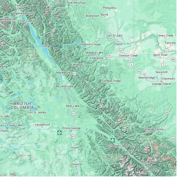 basemap 480 by 480 kilometres with centre at 55.0N 122.0W