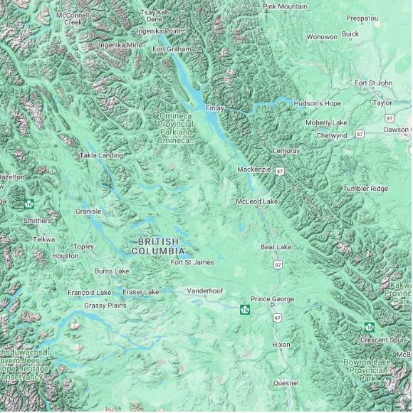 basemap 480 by 480 kilometres with centre at 55.0N 124.0W