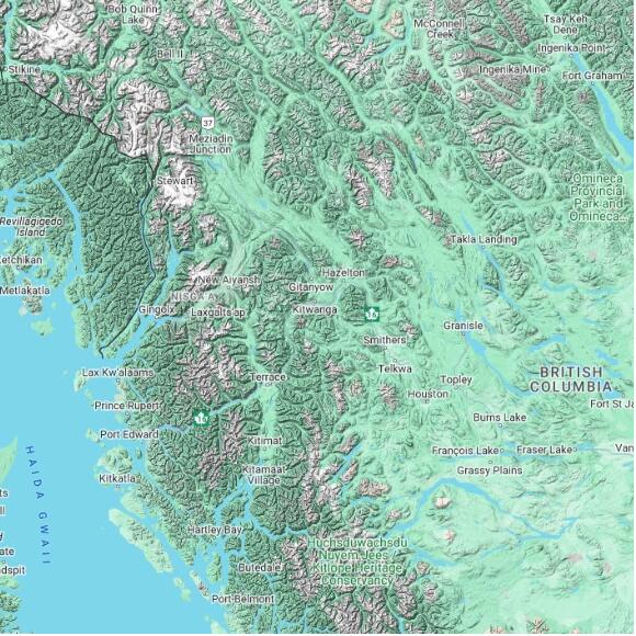 basemap 480 by 480 kilometres with centre at 55.0N 128.0W