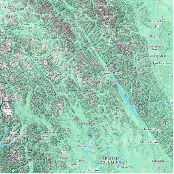 basemap 480 by 480 kilometres with centre at 56.5N 126.0W