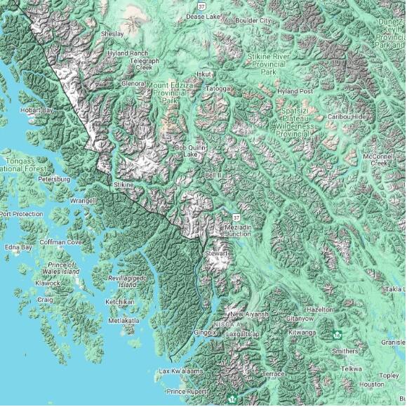 basemap 480 by 480 kilometres with centre at 56.5N 130.0W