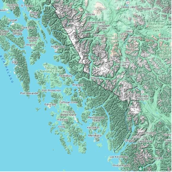 basemap 480 by 480 kilometres with centre at 56.5N 132.0W