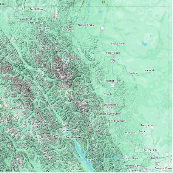 basemap 480 by 480 kilometres with centre at 58.0N 124.0W
