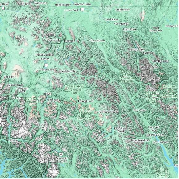 basemap 480 by 480 kilometres with centre at 58.0N 128.0W
