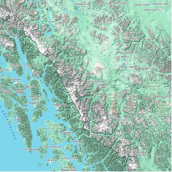 basemap 480 by 480 kilometres with centre at 58.0N 132.0W