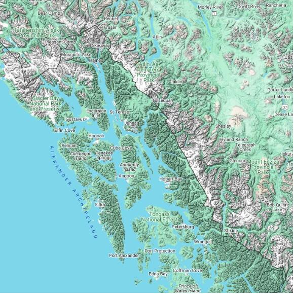 basemap 480 by 480 kilometres with centre at 58.0N 134.0W