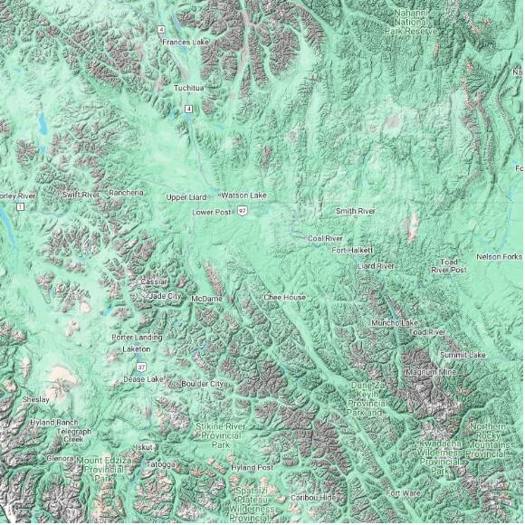 basemap 480 by 480 kilometres with centre at 59.5N 128.0W