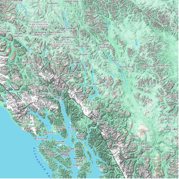 basemap 480 by 480 kilometres with centre at 59.5N 134.0W