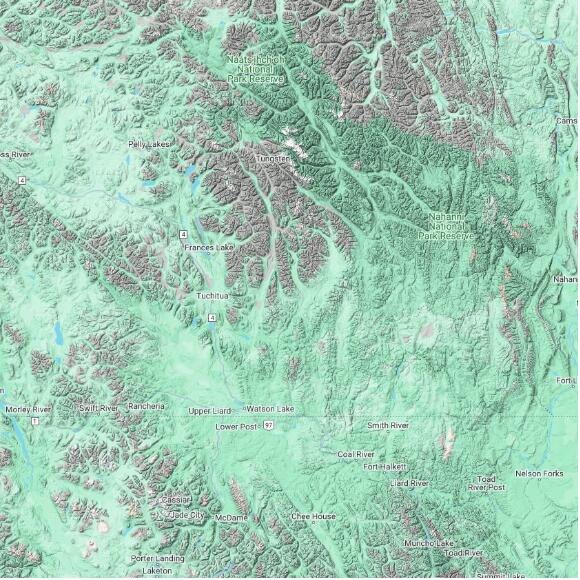 basemap 480 by 480 kilometres with centre at 61.0N 128.0W