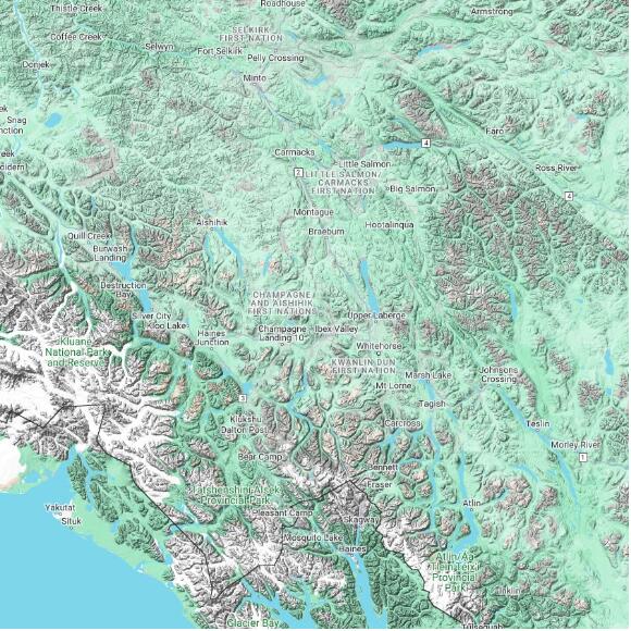 basemap 480 by 480 kilometres with centre at 61.0N 136.0W