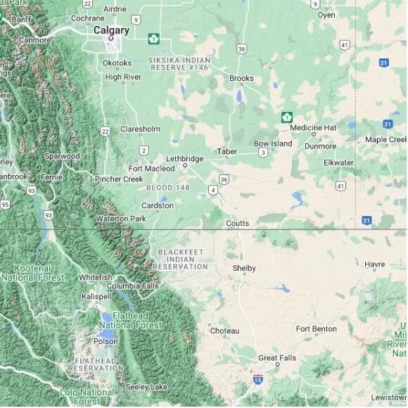 basemap 480 by 480 kms centered on station CPRR at MILK RIVER RIDGE RESERVOIR AB