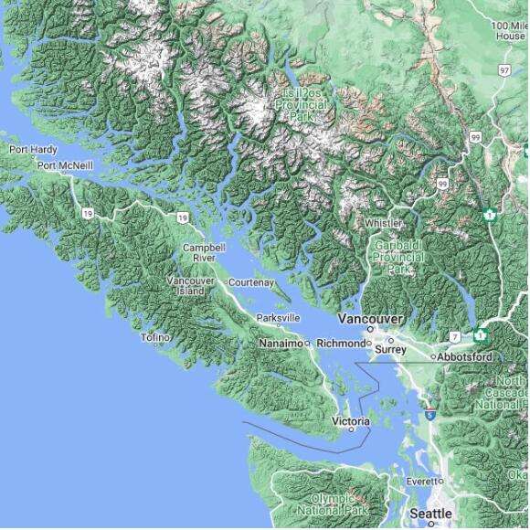 basemap 480 by 480 kms centered on station CVOP at POWELL RIVER BC