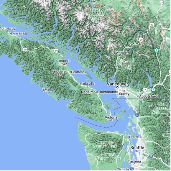basemap 480 by 480 kms centered on station CVOQ at QUALICUM BEACH AIRPORT BC