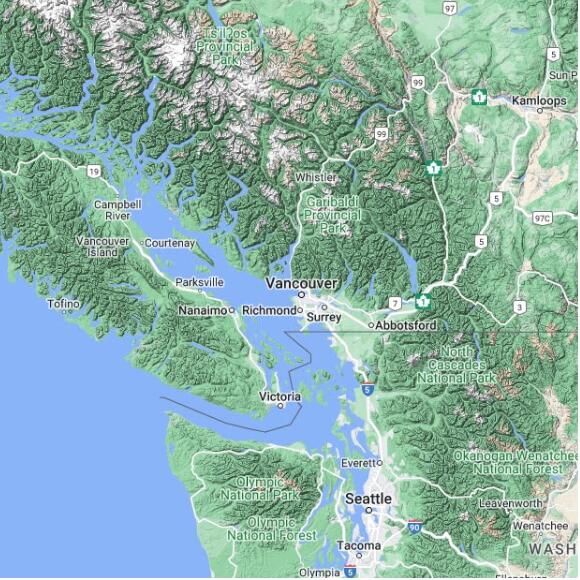 basemap 480 by 480 kms centered on station CWSB at POINT ATKINSON BC