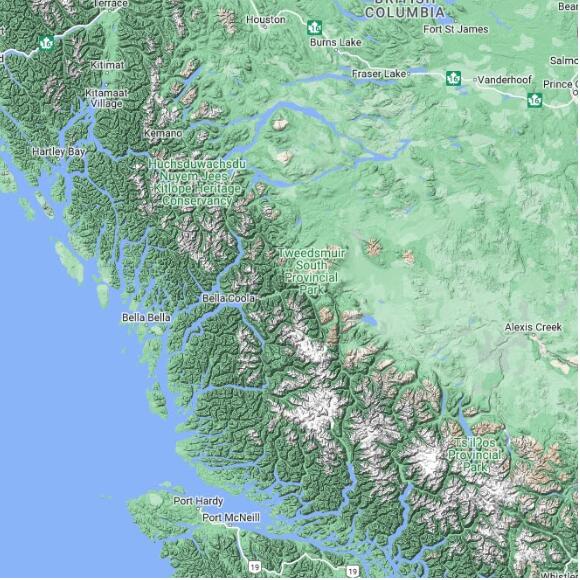 basemap 480 by 480 kms centered on station HBC08FB011 at BELLA COOLA RIVER ABOVE HAMMER CREEK BC