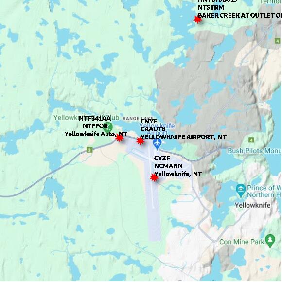 map at zoomlvl 10x10 kilometres for YELLOWKNIFE AIRPORT