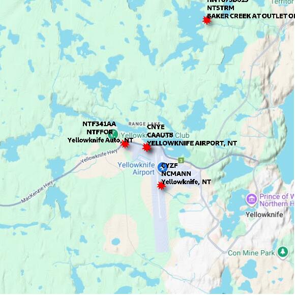 map at zoomlvl 10x10 kilometres for YELLOWKNIFE AIRPORT