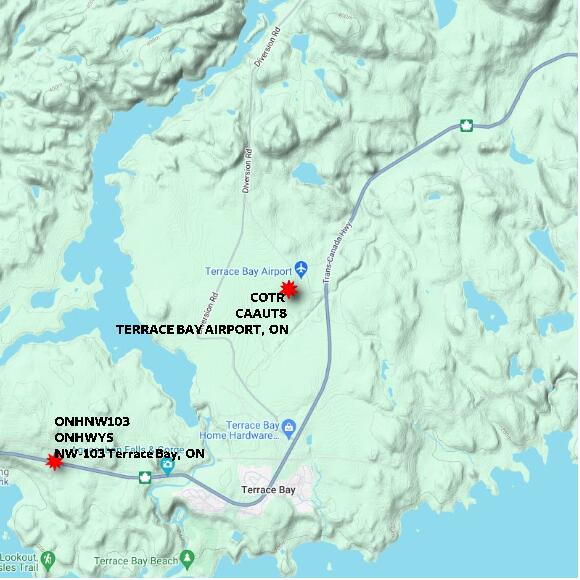 map at zoomlvl 10x10 kilometres for TERRACE BAY AIRPORT