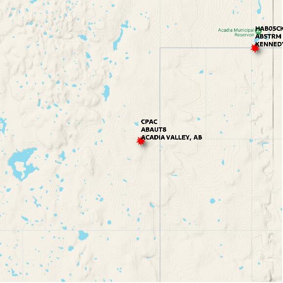 map at zoomlvl 10x10 kilometres for ACADIA VALLEY