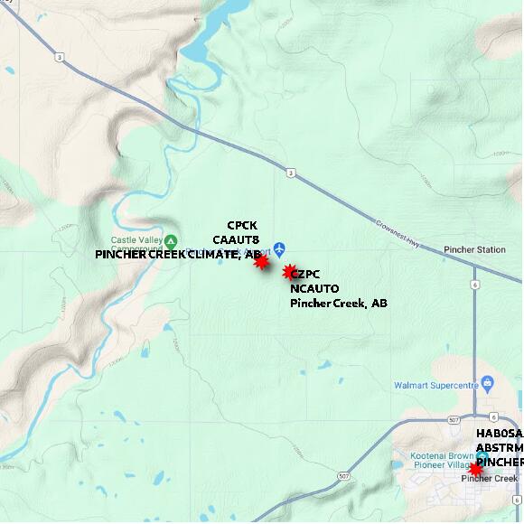 map at zoomlvl 10x10 kilometres for PINCHER CREEK CLIMATE