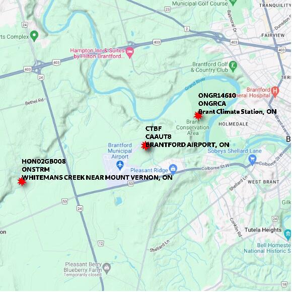 map at zoomlvl 10x10 kilometres for BRANTFORD AIRPORT