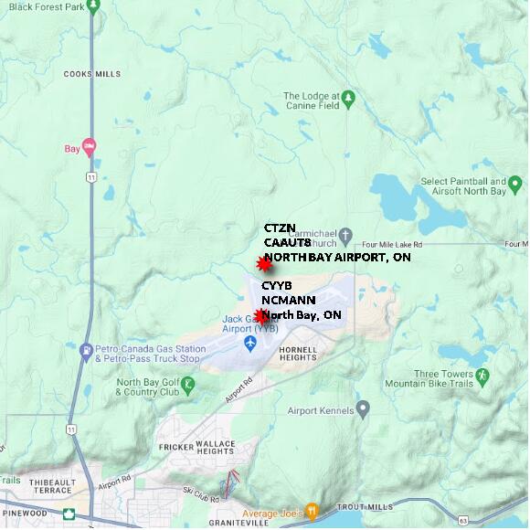 map at zoomlvl 10x10 kilometres for NORTH BAY AIRPORT