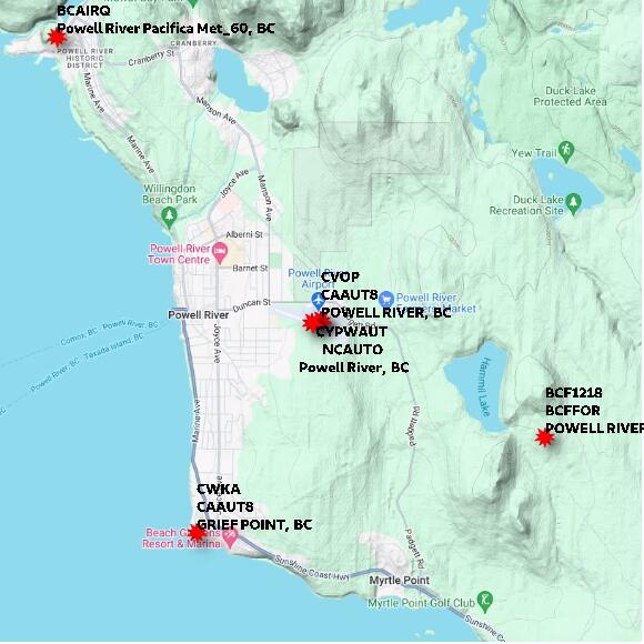 map at zoomlvl 10x10 kilometres for POWELL RIVER