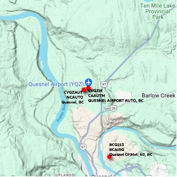 map at zoomlvl 10x10 kilometres for QUESNEL AIRPORT AUTO