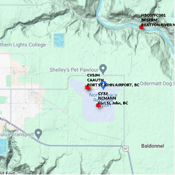 map at zoomlvl 10x10 kilometres for FORT ST JOHN AIRPORT