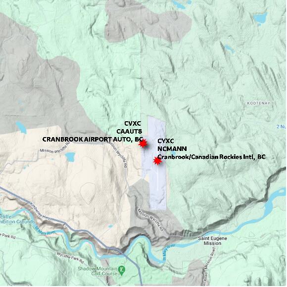 map at zoomlvl 10x10 kilometres for CRANBROOK AIRPORT AUTO