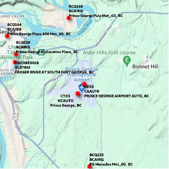 map at zoomlvl 10x10 kilometres for PRINCE GEORGE AIRPORT AUTO
