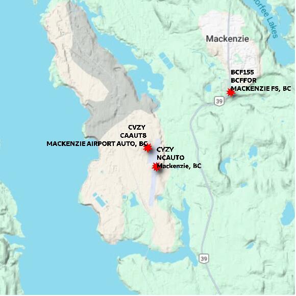 map at zoomlvl 10x10 kilometres for MACKENZIE AIRPORT AUTO