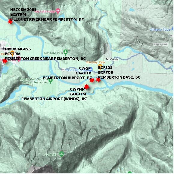 map at zoomlvl 10x10 kilometres for PEMBERTON AIRPORT (WINDS)