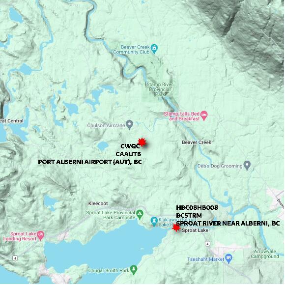 map at zoomlvl 10x10 kilometres for PORT ALBERNI AIRPORT (AUT)
