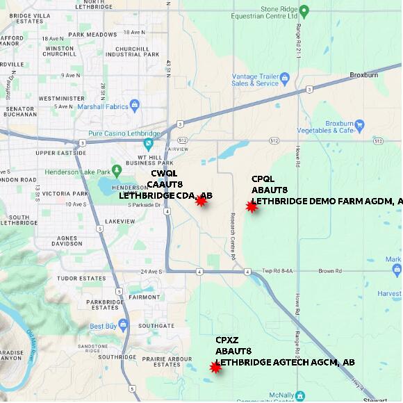 map at zoomlvl 10x10 kilometres for LETHBRIDGE CDA