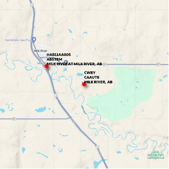map at zoomlvl 10x10 kilometres for MILK RIVER