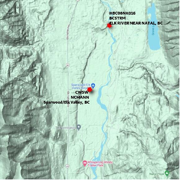 map at zoomlvl 10x10 kilometres for Sparwood/Elk Valley