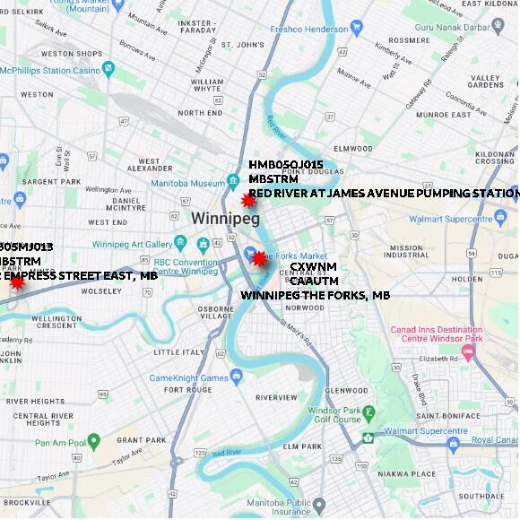 map at zoomlvl 10x10 kilometres for WINNIPEG THE FORKS
